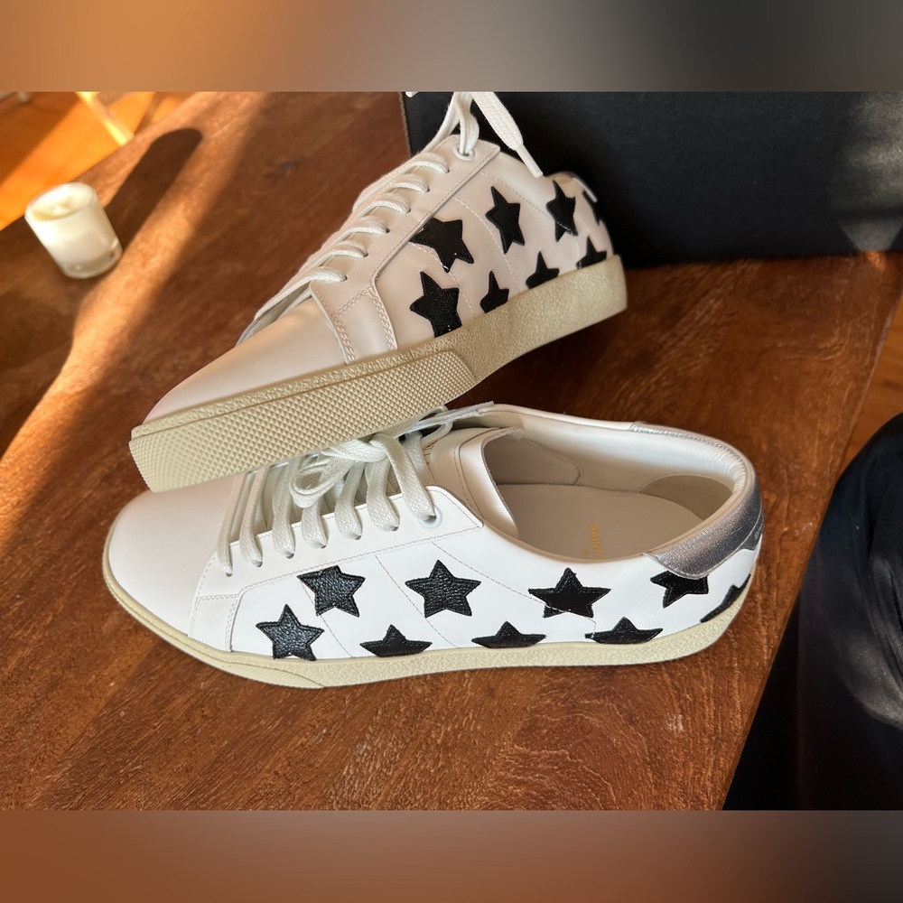 White and Black Star Pattern Low-Top Sneakers